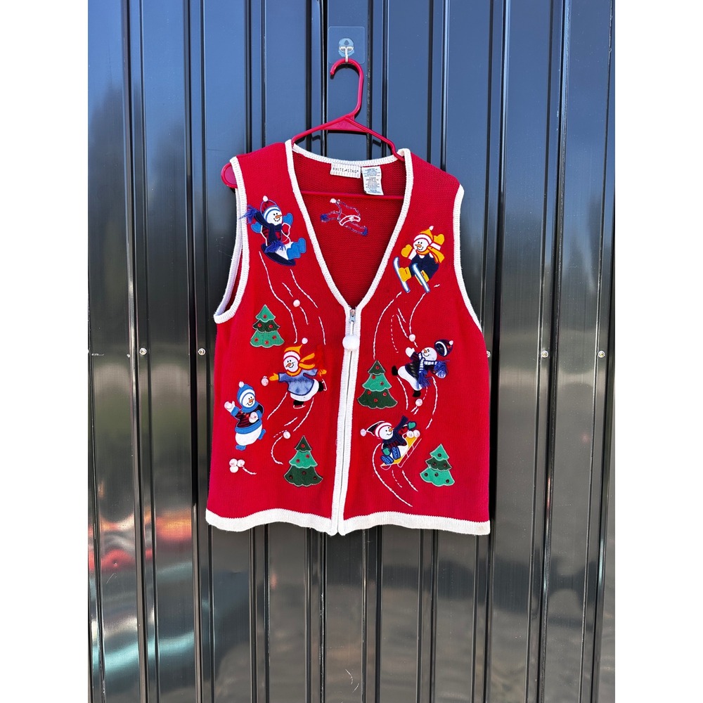 White Stag Christmas Sweater Vest Red Snowman Skiing Sledding Zip Front Large